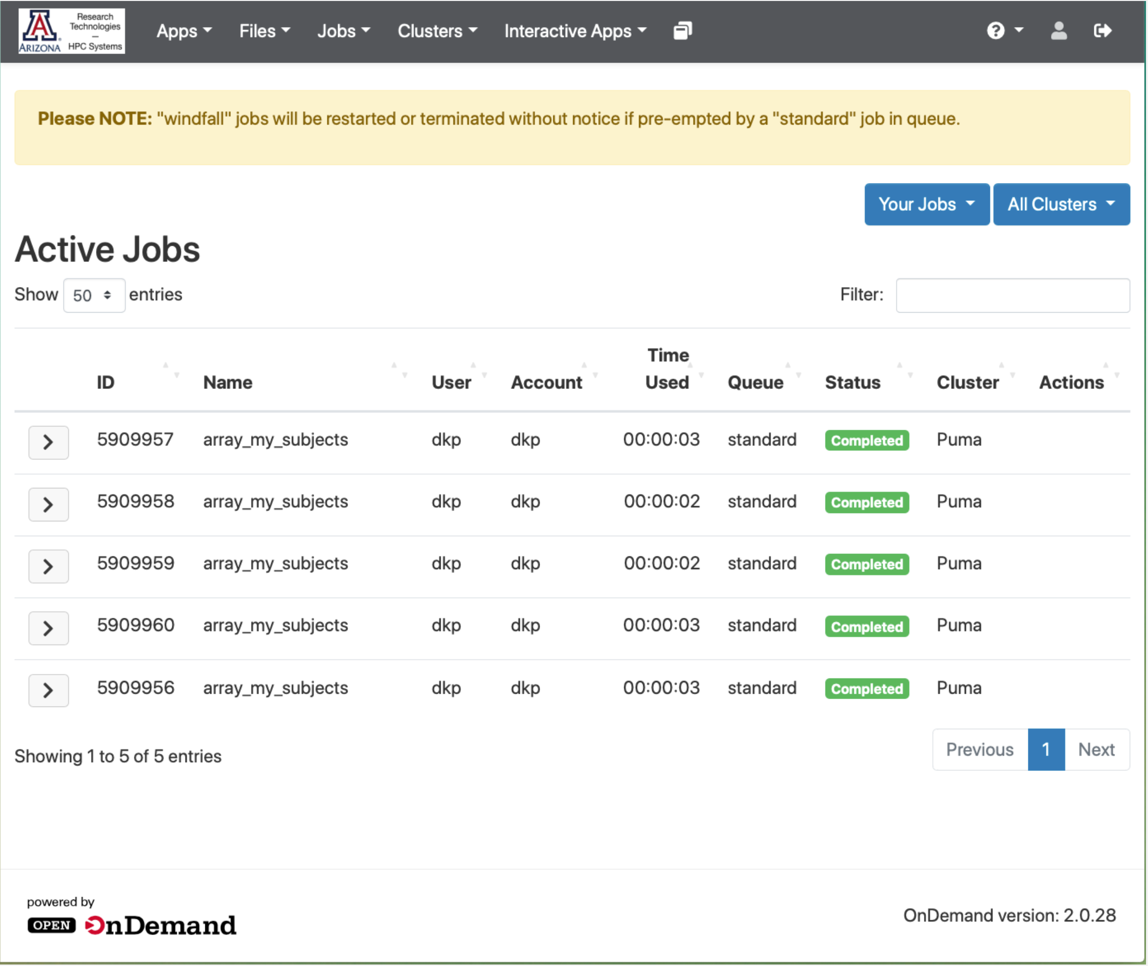 OOD: Active Jobs Interface showing completed array jobs